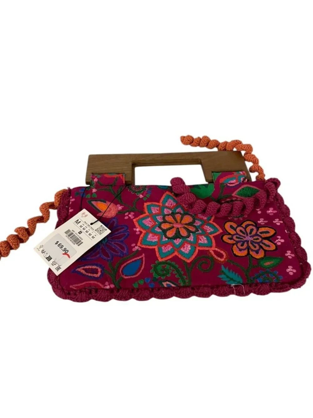 Zara Womens Purse Top Handle Bag Fuchsia Pink Embroidered Floral 4751/018 NWT